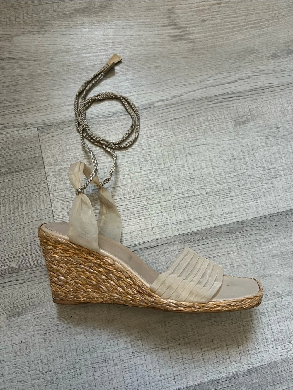STUART WEITZMAN Cream Espadrille Wedge Sandals with Wrap Ankle Tie Tulle Size 9 - Picture 4 of 14